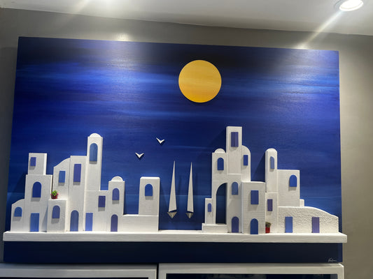 Santorini skyline on wood